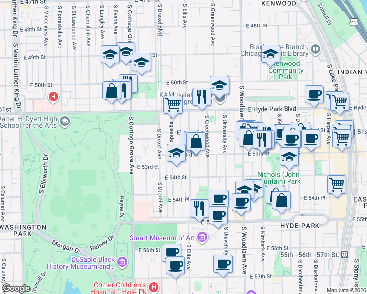 map of restaurants, bars, coffee shops, grocery stores, and more near 1000 East 53rd Street in Chicago