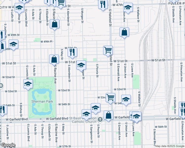 map of restaurants, bars, coffee shops, grocery stores, and more near 918 West 52nd Street in Chicago