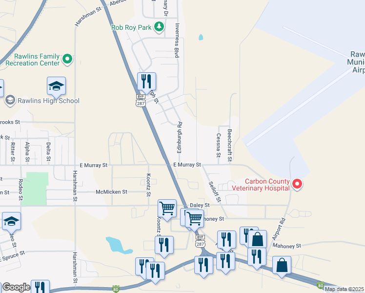 map of restaurants, bars, coffee shops, grocery stores, and more near 1925 East Murray Street in Rawlins