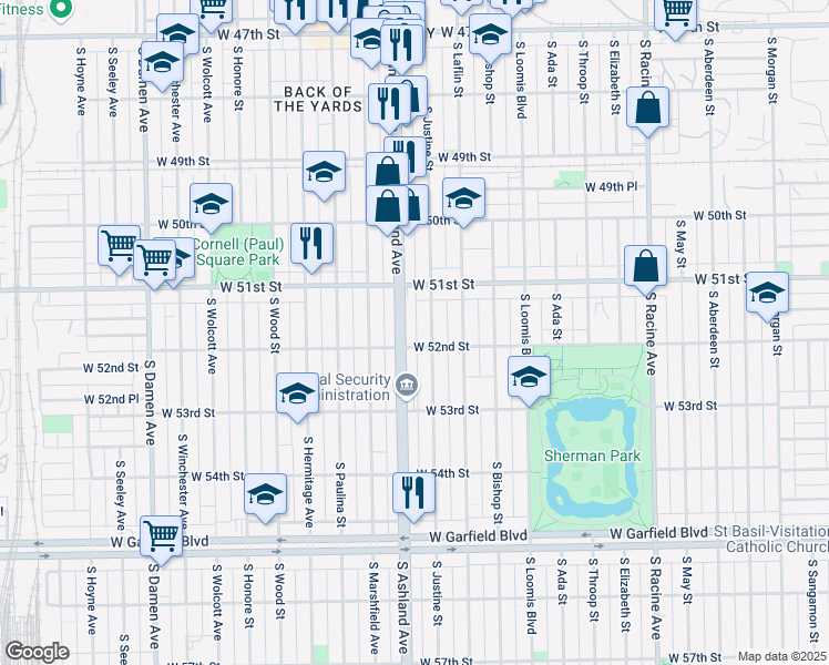 map of restaurants, bars, coffee shops, grocery stores, and more near 5147 South Ashland Avenue in Chicago