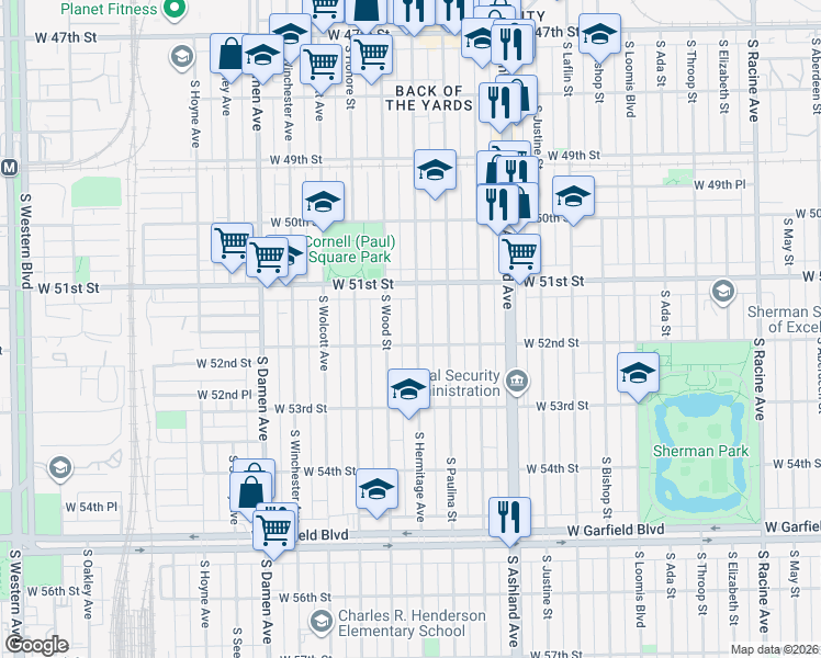 map of restaurants, bars, coffee shops, grocery stores, and more near 5144 South Hermitage Avenue in Chicago