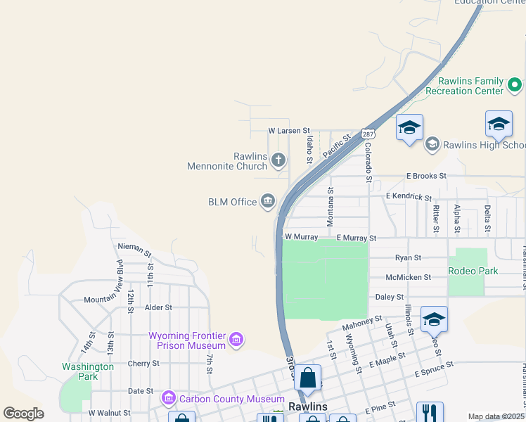 map of restaurants, bars, coffee shops, grocery stores, and more near 1300 3rd Street in Rawlins