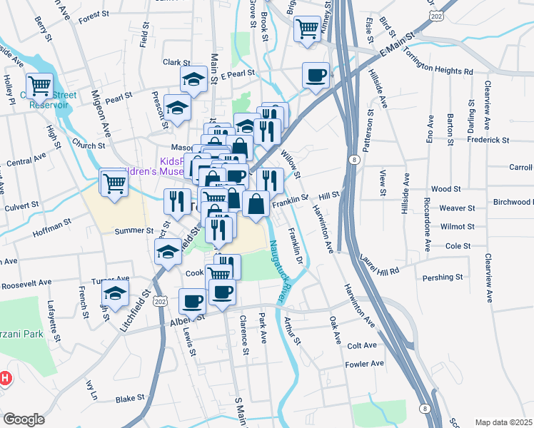 map of restaurants, bars, coffee shops, grocery stores, and more near 100 Franklin Street in Torrington