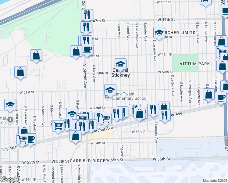 map of restaurants, bars, coffee shops, grocery stores, and more near 5101 South Lotus Avenue in Chicago
