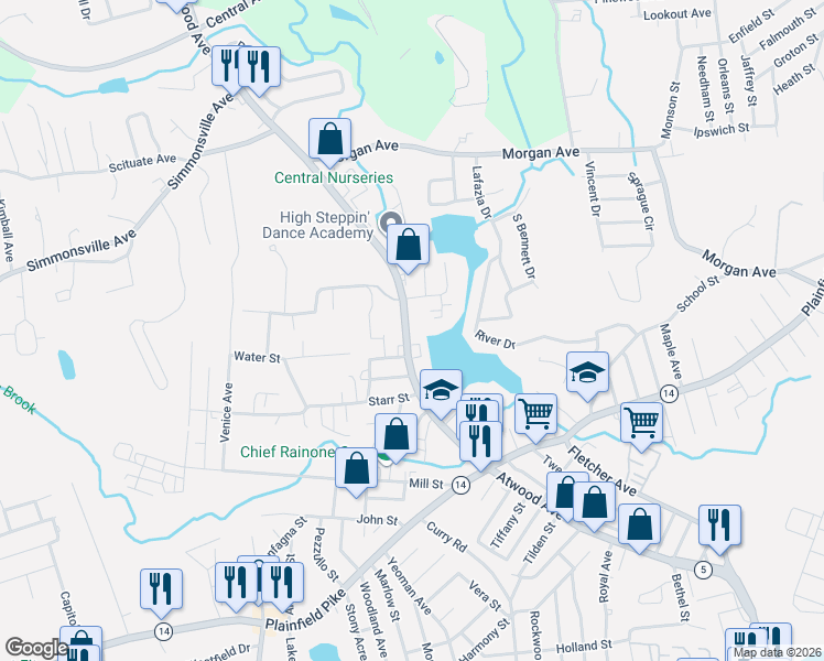 map of restaurants, bars, coffee shops, grocery stores, and more near 1025 Atwood Avenue in Johnston