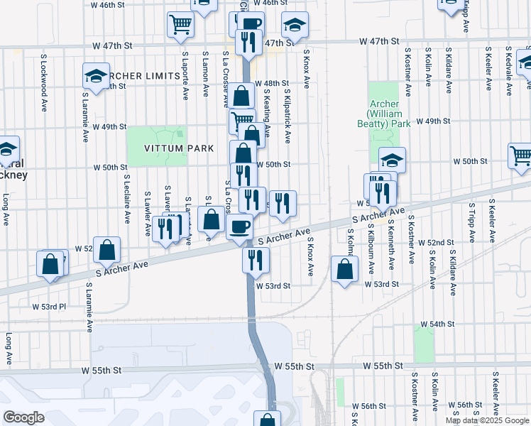 map of restaurants, bars, coffee shops, grocery stores, and more near 5108 South Keating Avenue in Chicago
