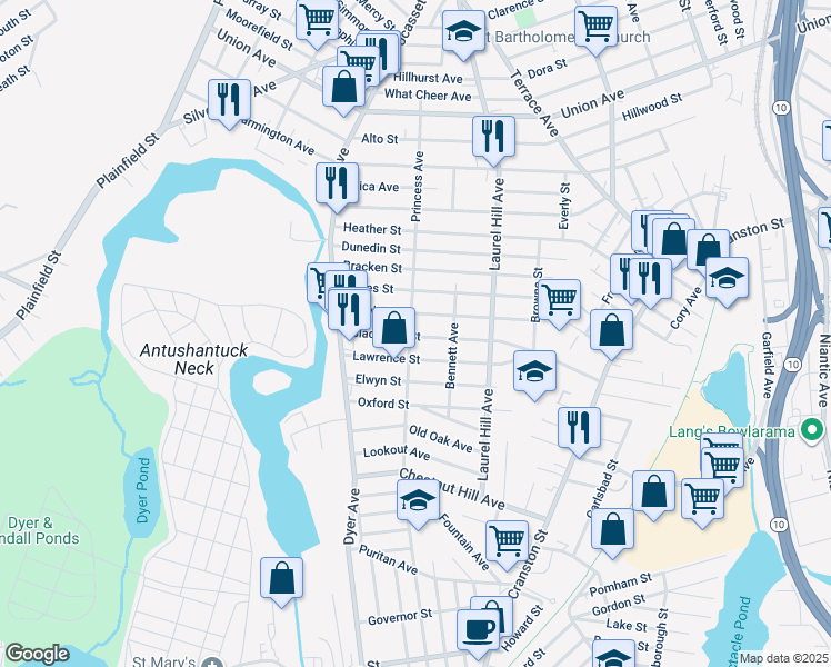 map of restaurants, bars, coffee shops, grocery stores, and more near 346 Princess Avenue in Cranston