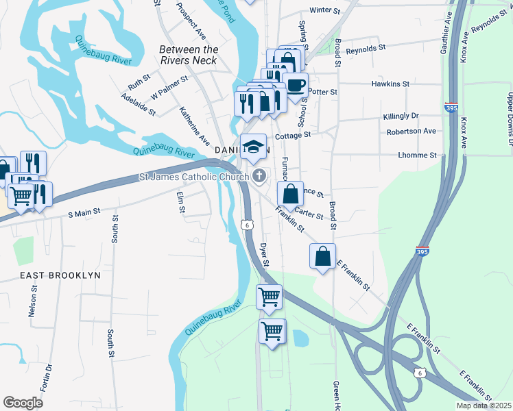 map of restaurants, bars, coffee shops, grocery stores, and more near 8 Dyer Street in Killingly