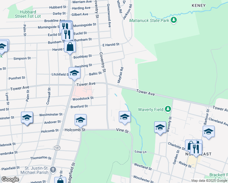 map of restaurants, bars, coffee shops, grocery stores, and more near 1 Mayfair Road in Bloomfield