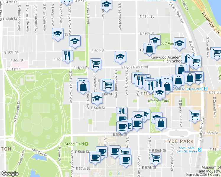 map of restaurants, bars, coffee shops, grocery stores, and more near 5208 South Greenwood Avenue in Chicago