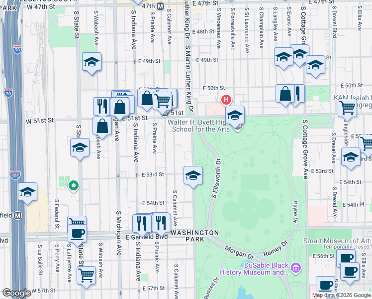 map of restaurants, bars, coffee shops, grocery stores, and more near 5152 South Doctor Martin Luther King Junior Drive in Chicago