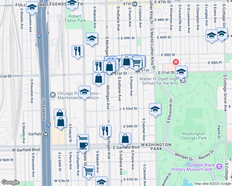map of restaurants, bars, coffee shops, grocery stores, and more near 5148 South Indiana Avenue in Chicago