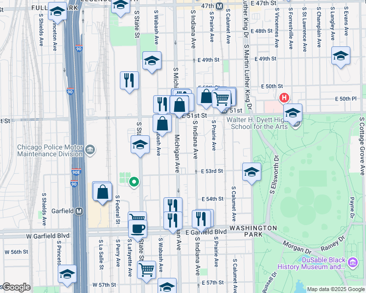map of restaurants, bars, coffee shops, grocery stores, and more near 5147 South Michigan Avenue in Chicago