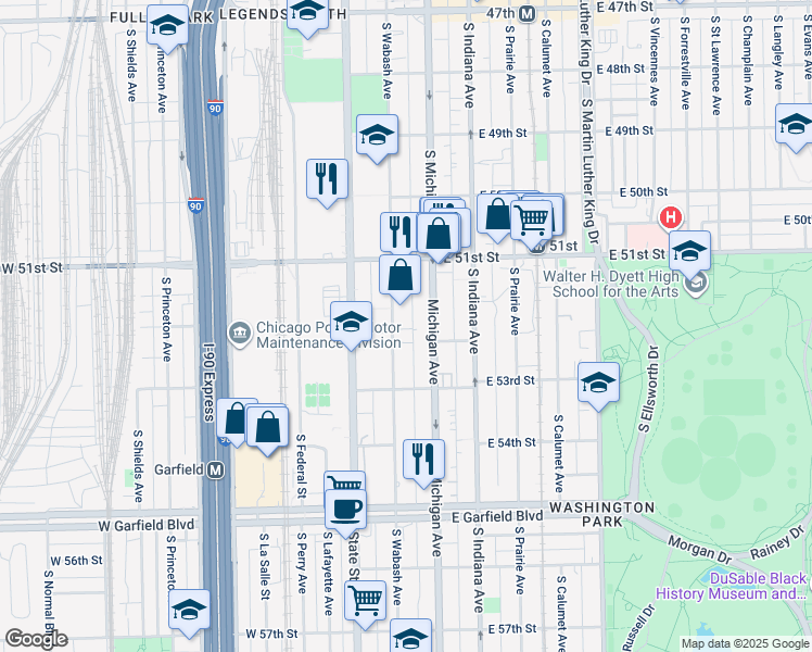 map of restaurants, bars, coffee shops, grocery stores, and more near 5147 South Wabash Avenue in Chicago