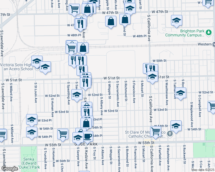 map of restaurants, bars, coffee shops, grocery stores, and more near 3041 West 51st Street in Chicago