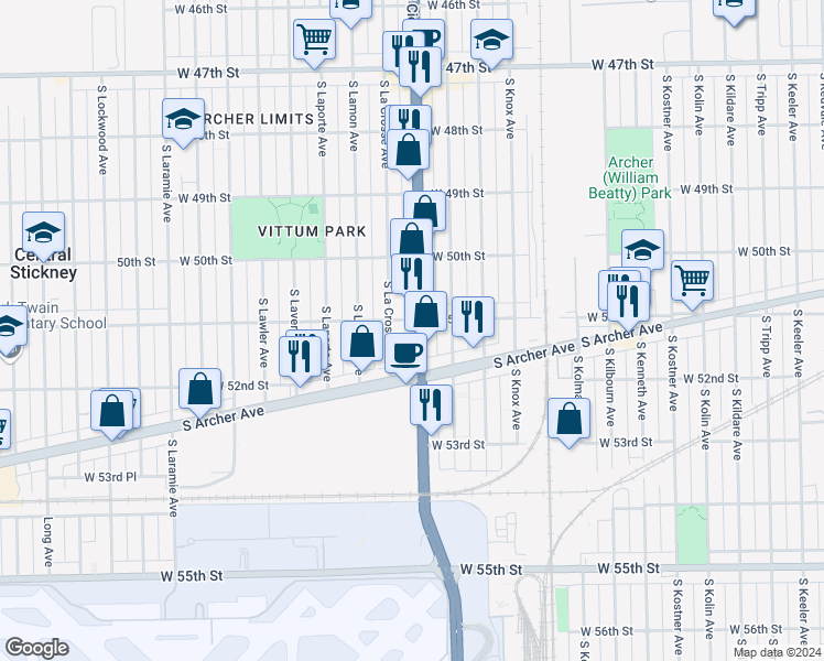 map of restaurants, bars, coffee shops, grocery stores, and more near 5065 South La Crosse Avenue in Chicago