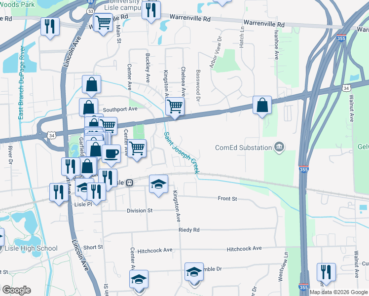 map of restaurants, bars, coffee shops, grocery stores, and more near 4741 Saint Joseph Creek Road in Lisle