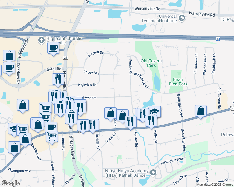 map of restaurants, bars, coffee shops, grocery stores, and more near 4S741 Karns Road in Naperville