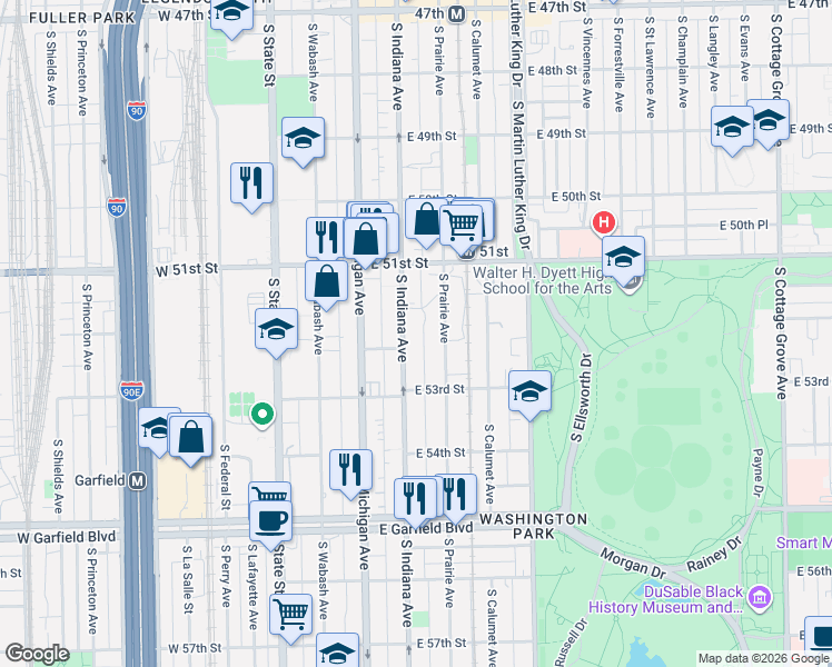 map of restaurants, bars, coffee shops, grocery stores, and more near 5148 South Indiana Avenue in Chicago