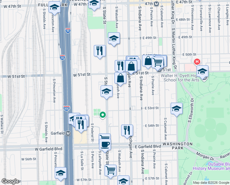 map of restaurants, bars, coffee shops, grocery stores, and more near 5168 South Wabash Avenue in Chicago