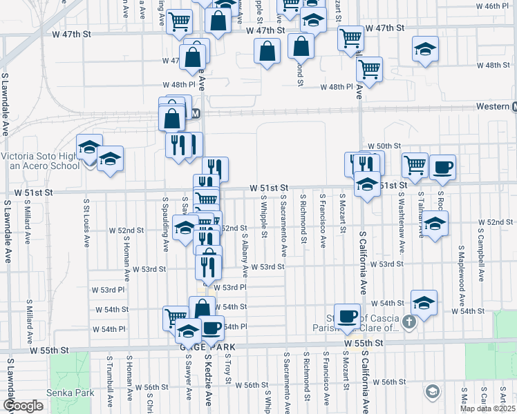 map of restaurants, bars, coffee shops, grocery stores, and more near 3041 West 51st Street in Chicago