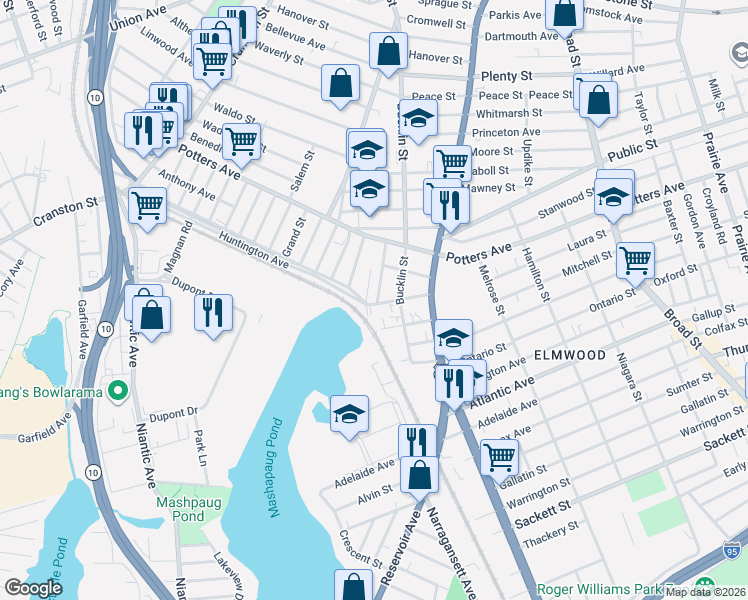 map of restaurants, bars, coffee shops, grocery stores, and more near 50 Vineyard Street in Providence