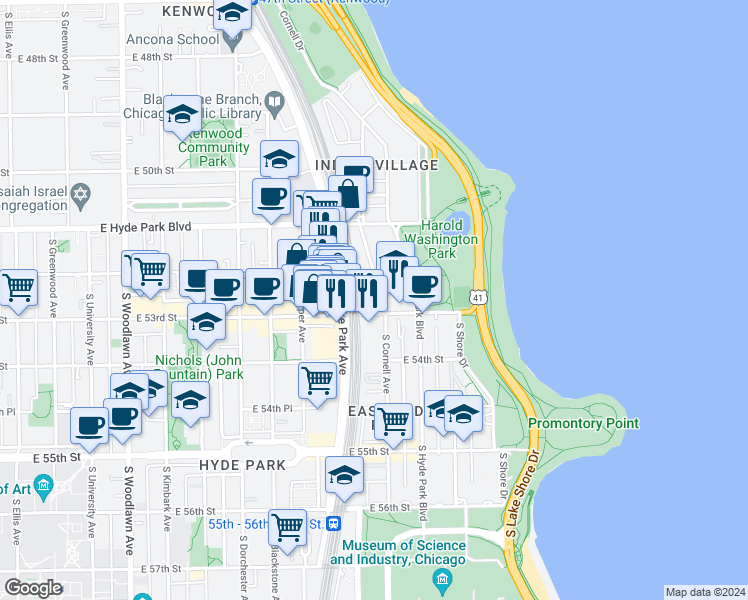 map of restaurants, bars, coffee shops, grocery stores, and more near 5252 South Cornell Avenue in Chicago