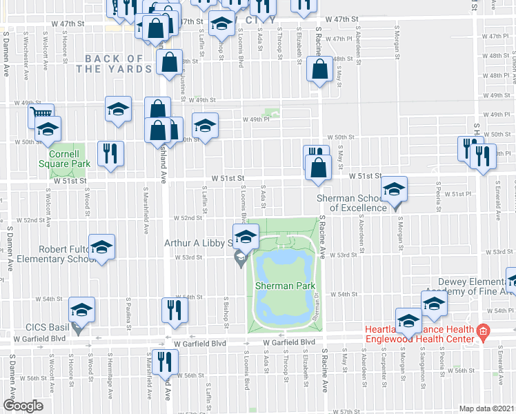 map of restaurants, bars, coffee shops, grocery stores, and more near 5144 South Ada Street in Chicago
