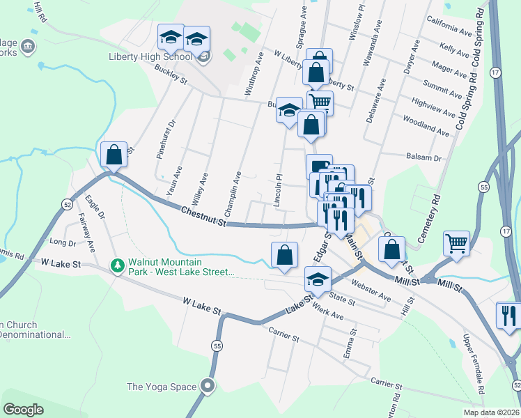 map of restaurants, bars, coffee shops, grocery stores, and more near 1 Wheeler Place in Liberty