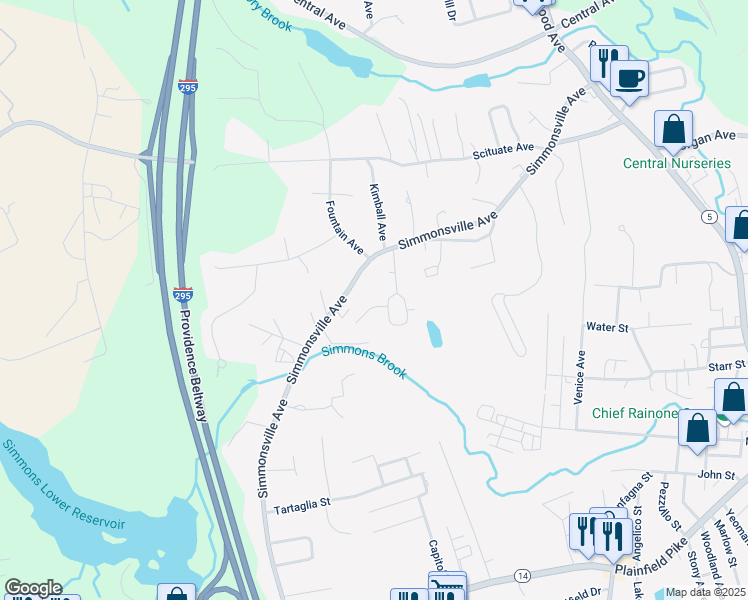 map of restaurants, bars, coffee shops, grocery stores, and more near 1 Scenic Road in Johnston