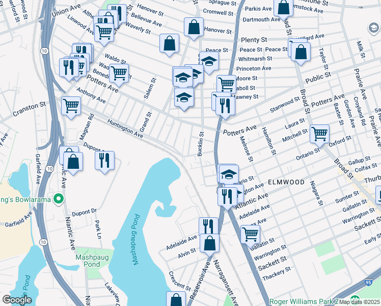 map of restaurants, bars, coffee shops, grocery stores, and more near 50 Vineyard Street in Providence