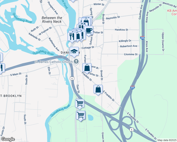 map of restaurants, bars, coffee shops, grocery stores, and more near 128 Furnace Street in Killingly