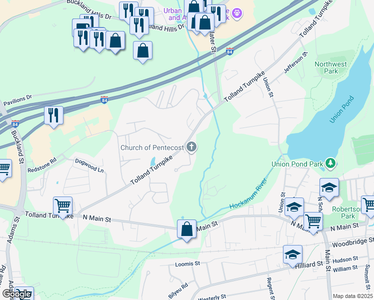 map of restaurants, bars, coffee shops, grocery stores, and more near 759 Tolland Turnpike in Manchester
