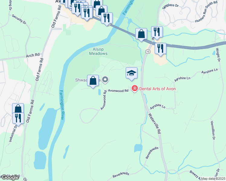 map of restaurants, bars, coffee shops, grocery stores, and more near 64 Avonwood Road in Avon