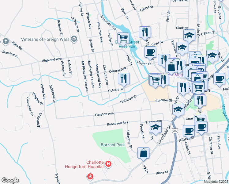 map of restaurants, bars, coffee shops, grocery stores, and more near 116 Culvert Street in Torrington