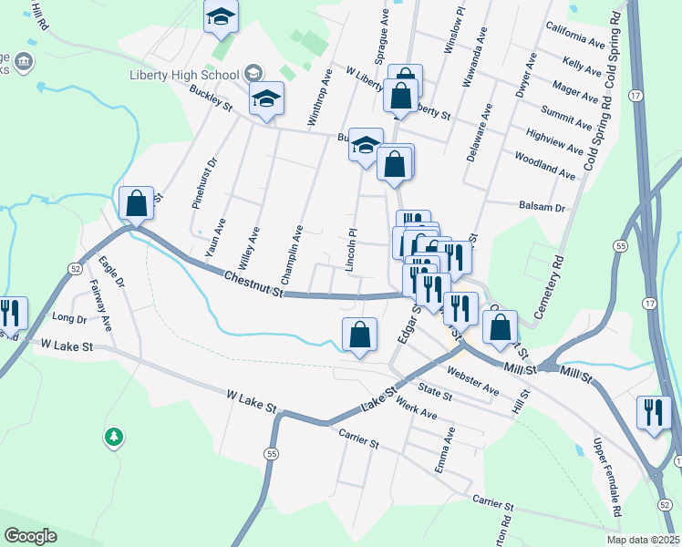 map of restaurants, bars, coffee shops, grocery stores, and more near 37 Lincoln Place in Liberty