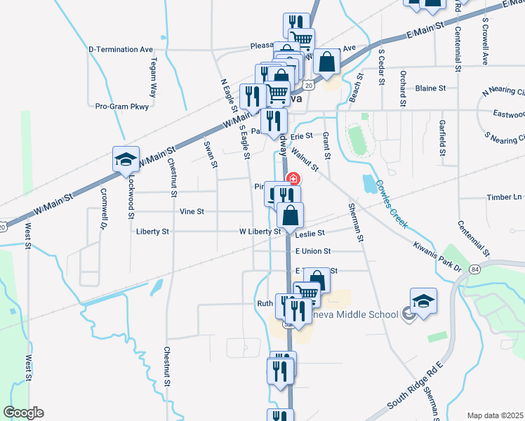 map of restaurants, bars, coffee shops, grocery stores, and more near 267 South Eagle Street in Geneva