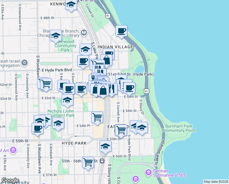 map of restaurants, bars, coffee shops, grocery stores, and more near 5212 South Cornell Avenue in Chicago