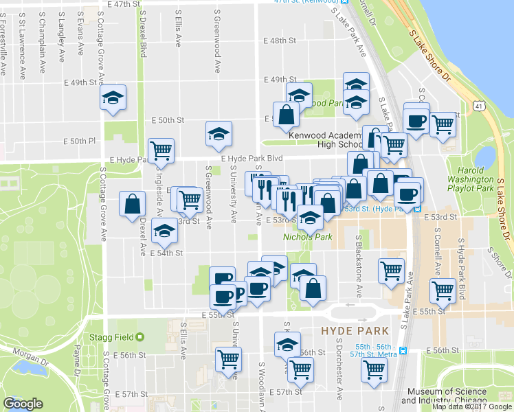map of restaurants, bars, coffee shops, grocery stores, and more near 1204 East 53rd Street in Chicago
