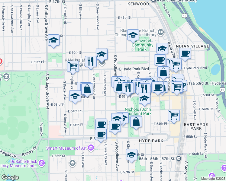 map of restaurants, bars, coffee shops, grocery stores, and more near 1204 East 53rd Street in Chicago