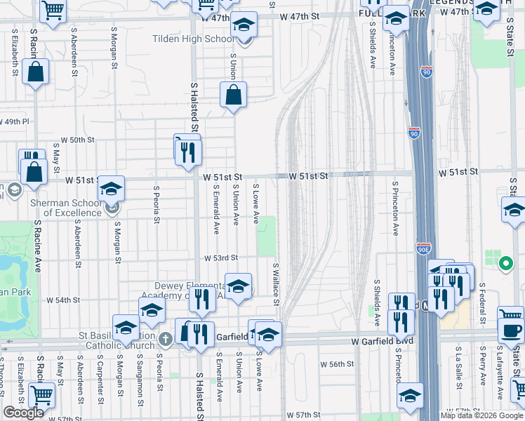 map of restaurants, bars, coffee shops, grocery stores, and more near 5132 South Lowe Avenue in Chicago