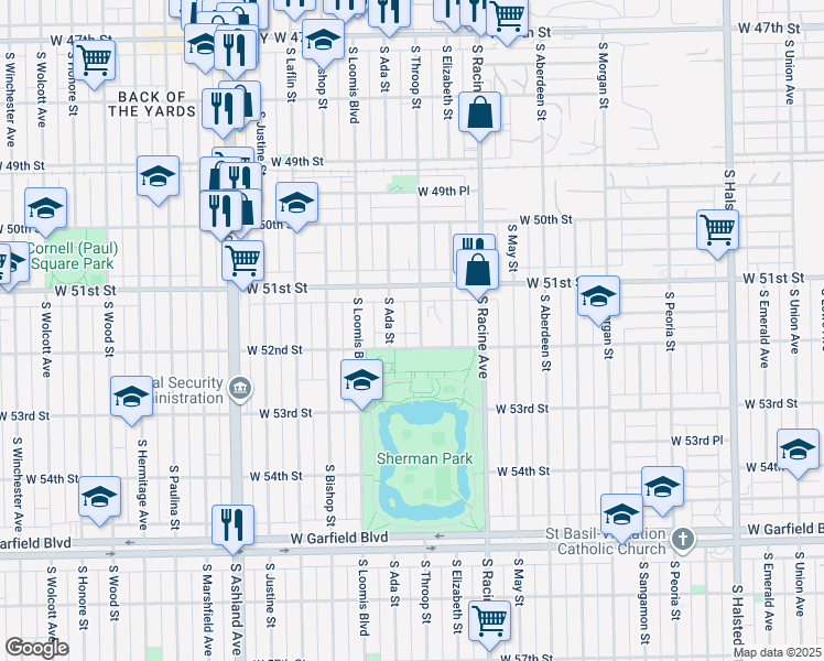map of restaurants, bars, coffee shops, grocery stores, and more near 5131 South Ada Street in Chicago