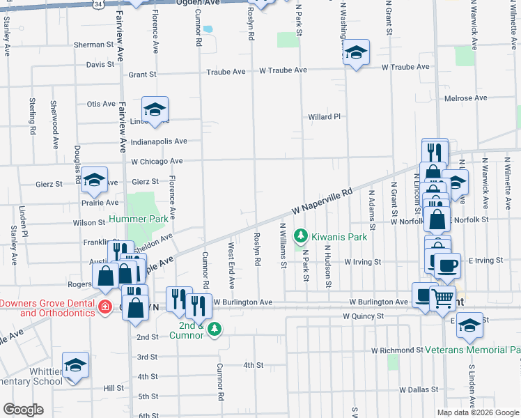 map of restaurants, bars, coffee shops, grocery stores, and more near 4804 Roslyn Road in Downers Grove