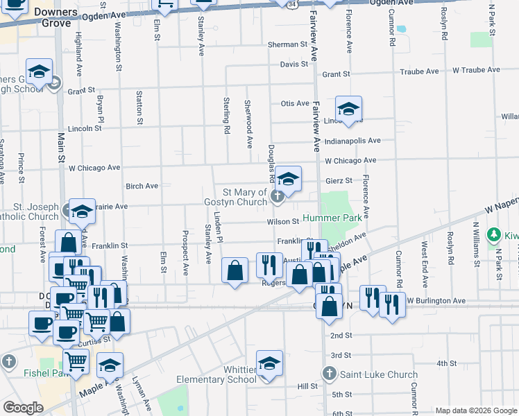 map of restaurants, bars, coffee shops, grocery stores, and more near 532 Prairie Avenue in Downers Grove