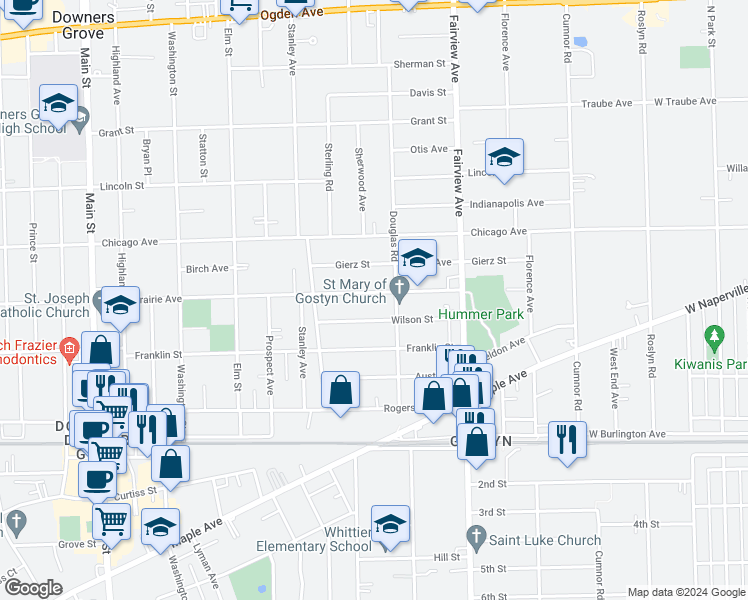 map of restaurants, bars, coffee shops, grocery stores, and more near 532 Prairie Avenue in Downers Grove
