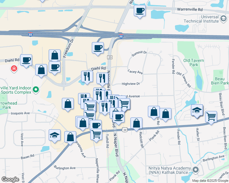 map of restaurants, bars, coffee shops, grocery stores, and more near 25W331 Highview Drive in Naperville