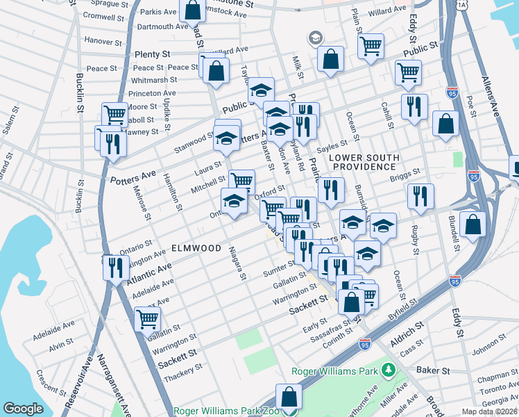 map of restaurants, bars, coffee shops, grocery stores, and more near 882 Broad Street in Providence