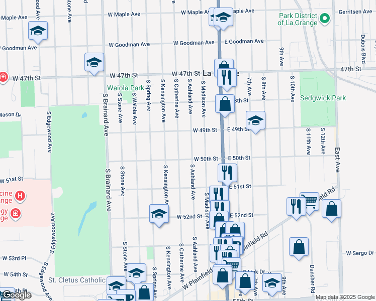 map of restaurants, bars, coffee shops, grocery stores, and more near 721 South Ashland Avenue in La Grange