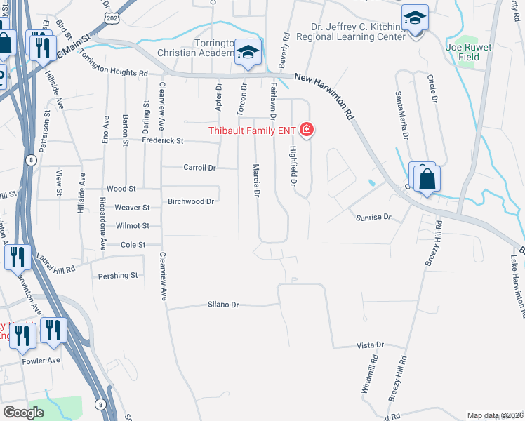 map of restaurants, bars, coffee shops, grocery stores, and more near 270 Fairlawn Drive in Torrington
