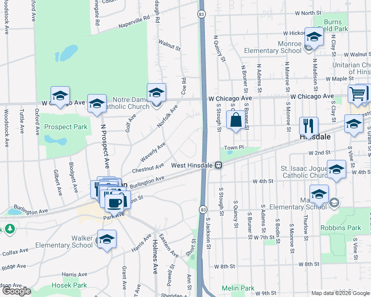 map of restaurants, bars, coffee shops, grocery stores, and more near 57 Chestnut Avenue in Clarendon Hills